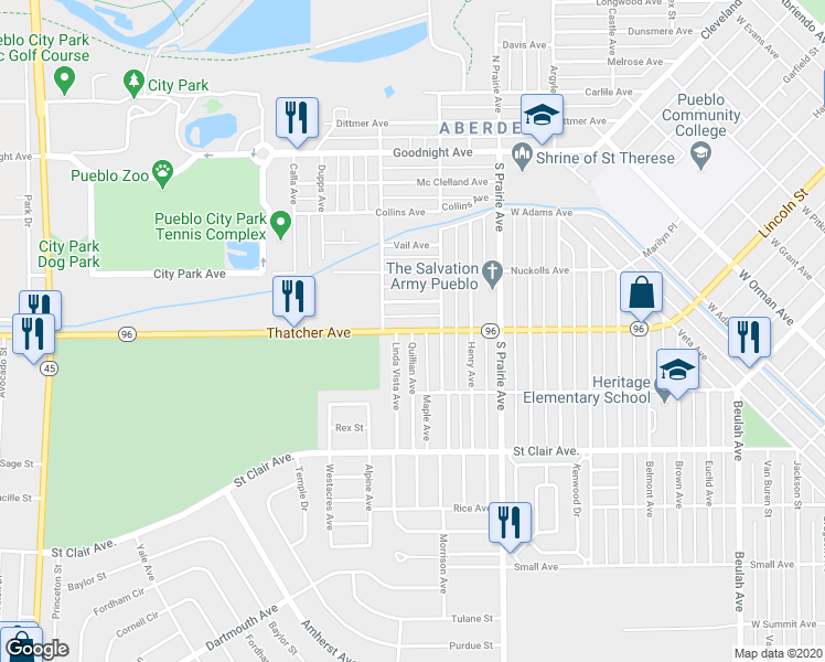 map of restaurants, bars, coffee shops, grocery stores, and more near 501 Quillian Avenue in Pueblo