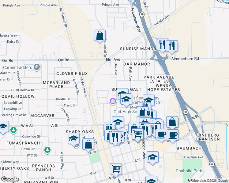 map of restaurants, bars, coffee shops, grocery stores, and more near 246 Oak Avenue in Galt