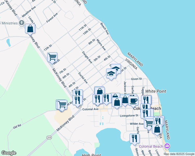 map of restaurants, bars, coffee shops, grocery stores, and more near 205 2nd Street in Colonial Beach