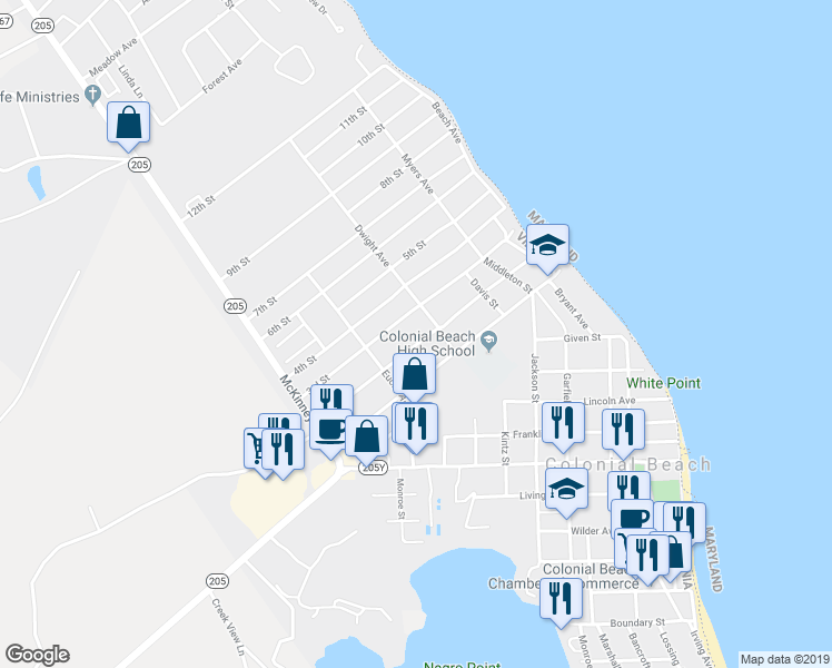 map of restaurants, bars, coffee shops, grocery stores, and more near 205 2nd Street in Colonial Beach