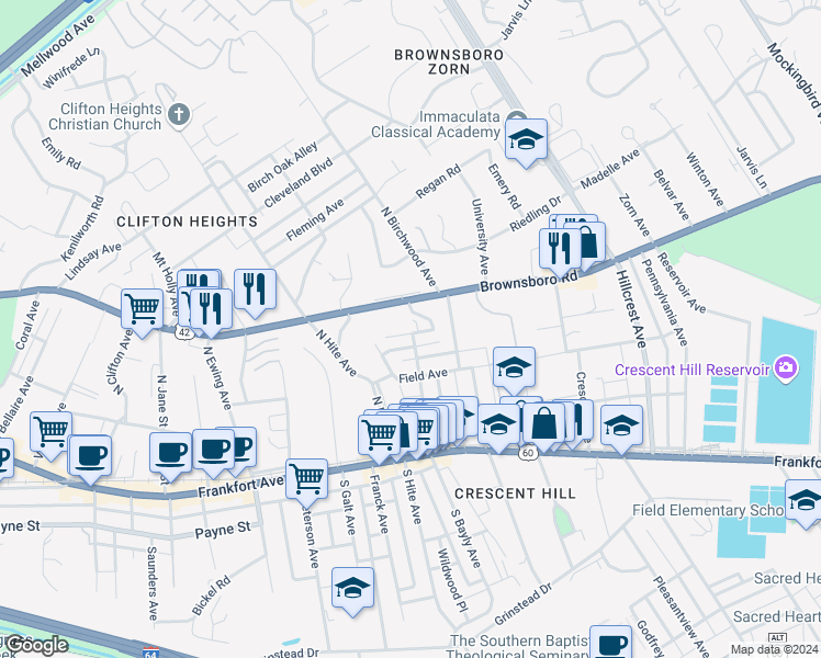 map of restaurants, bars, coffee shops, grocery stores, and more near 2738 Hollywood Terrace in Louisville
