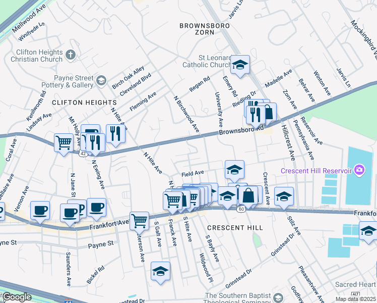 map of restaurants, bars, coffee shops, grocery stores, and more near 2740 Hollywood Terrace in Louisville
