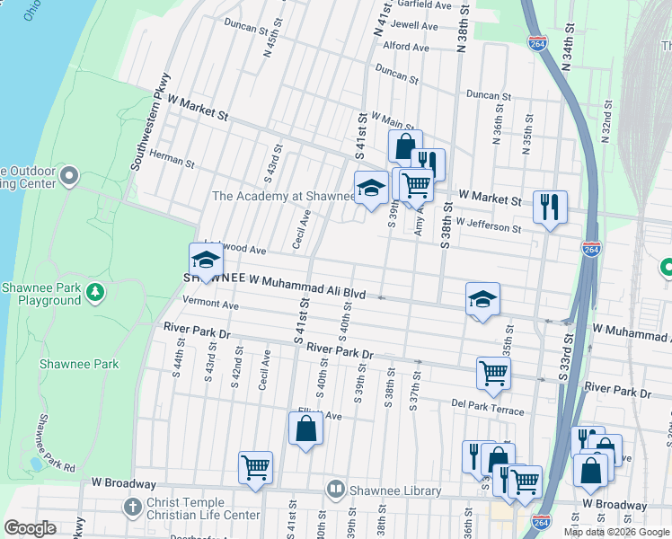 map of restaurants, bars, coffee shops, grocery stores, and more near 400 South 40th Street in Louisville