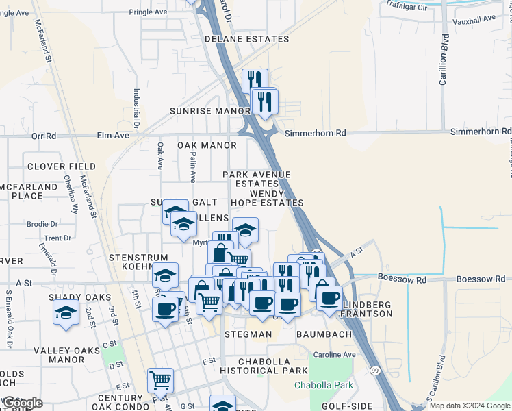 map of restaurants, bars, coffee shops, grocery stores, and more near 900 Wendy Hope Drive in Galt