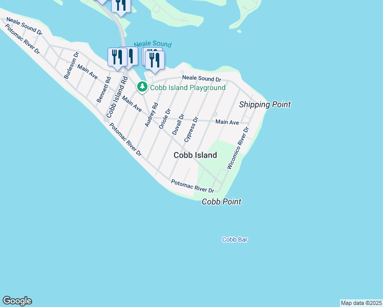 map of restaurants, bars, coffee shops, grocery stores, and more near 14350 High Avenue in Cobb Island