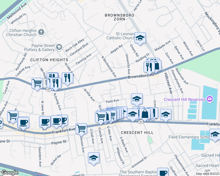 map of restaurants, bars, coffee shops, grocery stores, and more near 2730 Hollywood Terrace in Louisville