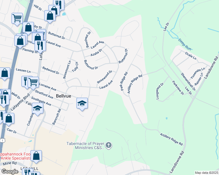 map of restaurants, bars, coffee shops, grocery stores, and more near 447 Laurel Avenue in Fredericksburg