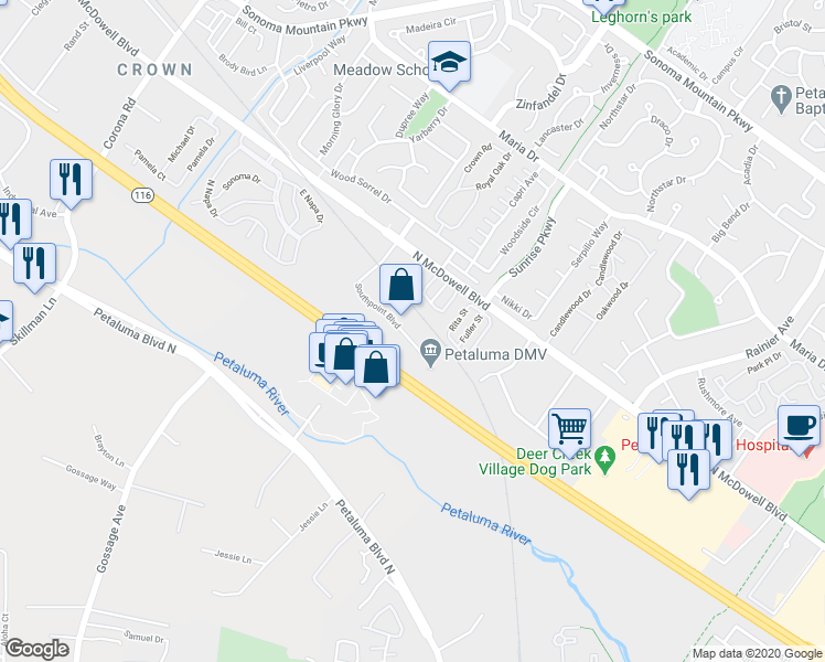 map of restaurants, bars, coffee shops, grocery stores, and more near 720 Southpoint Boulevard in Petaluma