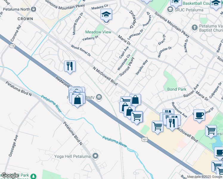 map of restaurants, bars, coffee shops, grocery stores, and more near 717 North McDowell Boulevard in Petaluma