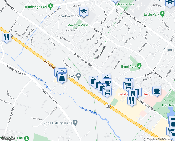 map of restaurants, bars, coffee shops, grocery stores, and more near 717 North McDowell Boulevard in Petaluma