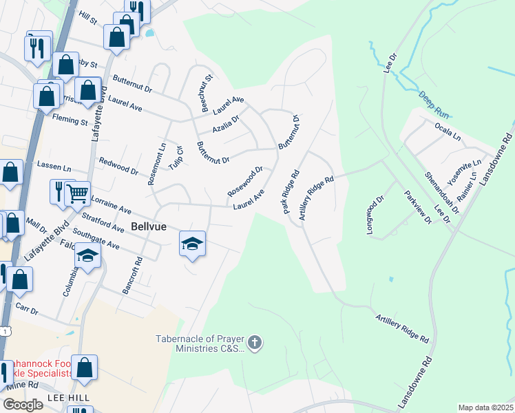 map of restaurants, bars, coffee shops, grocery stores, and more near 447 Laurel Avenue in Fredericksburg