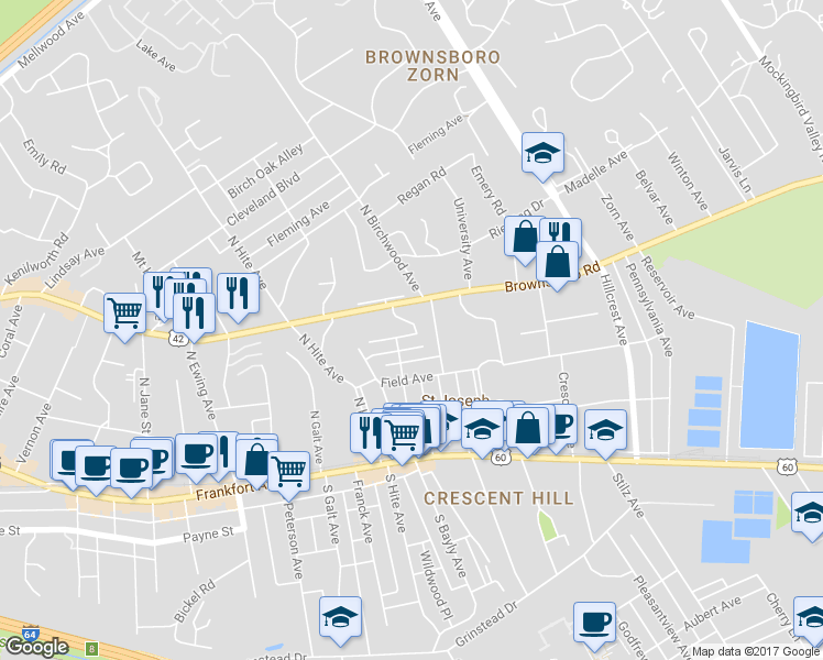 map of restaurants, bars, coffee shops, grocery stores, and more near 2738 Hollywood Terrace in Louisville