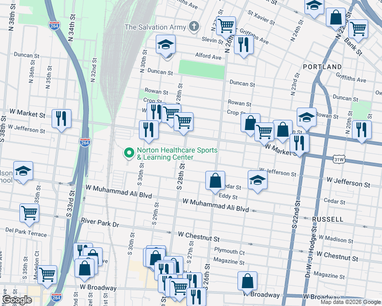 map of restaurants, bars, coffee shops, grocery stores, and more near 2717 Congress Street in Louisville
