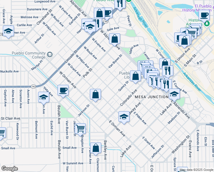map of restaurants, bars, coffee shops, grocery stores, and more near 300 West Pitkin Avenue in Pueblo