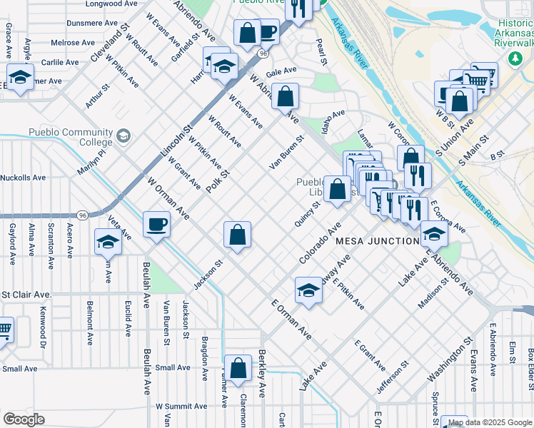 map of restaurants, bars, coffee shops, grocery stores, and more near 300 West Pitkin Avenue in Pueblo