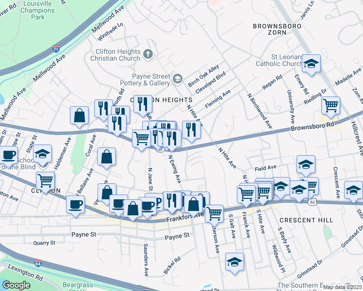 map of restaurants, bars, coffee shops, grocery stores, and more near 312 Idlewylde Drive in Louisville