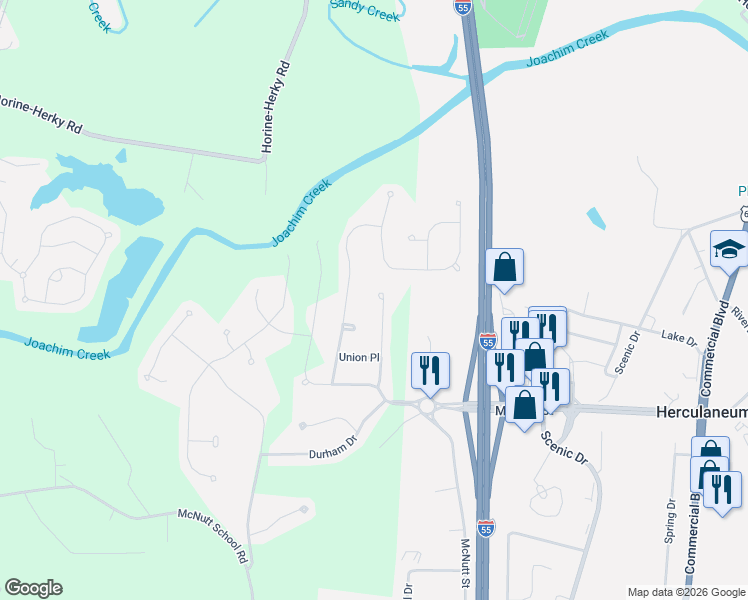 map of restaurants, bars, coffee shops, grocery stores, and more near 1182 Liberty Crossing in Herculaneum