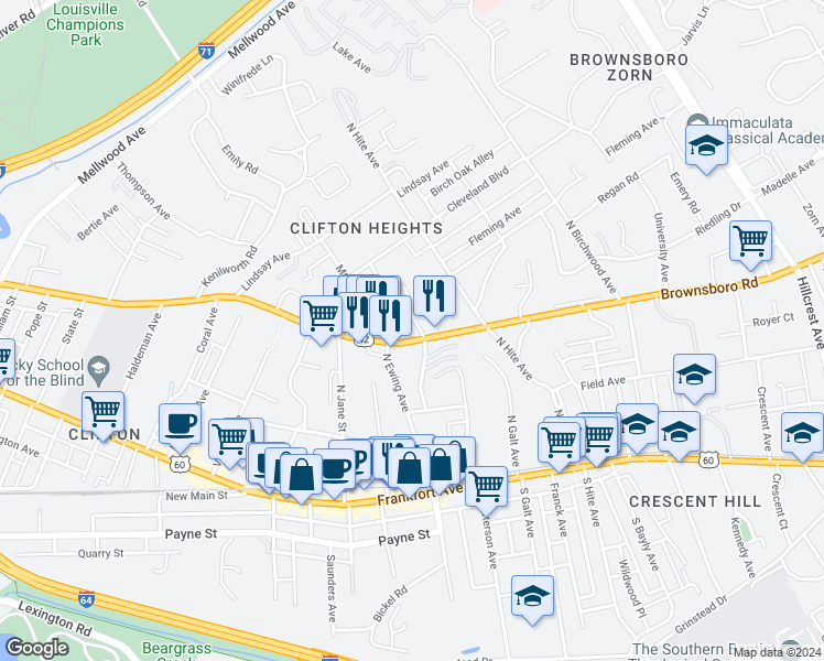 map of restaurants, bars, coffee shops, grocery stores, and more near 2411 Brownsboro Road in Louisville