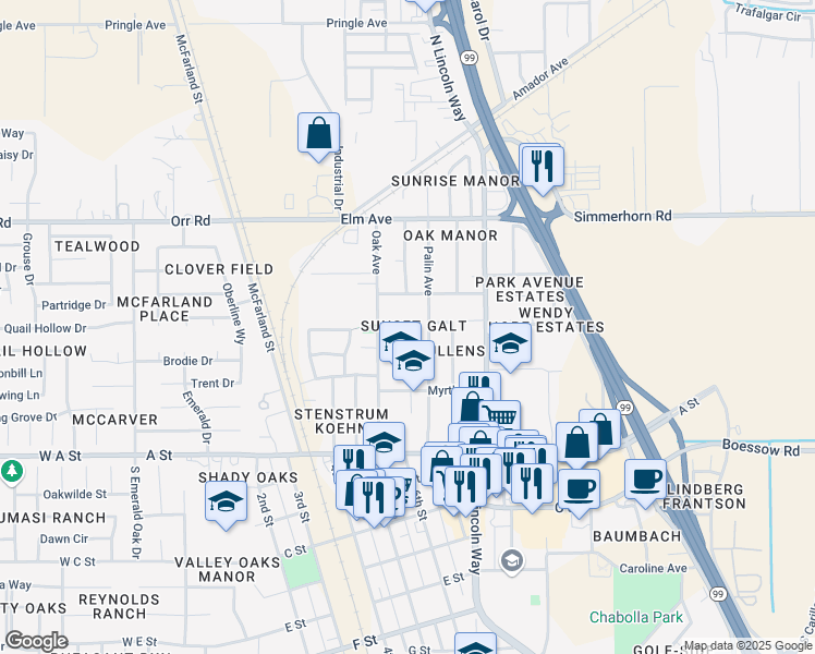 map of restaurants, bars, coffee shops, grocery stores, and more near 610 Simons Street in Galt