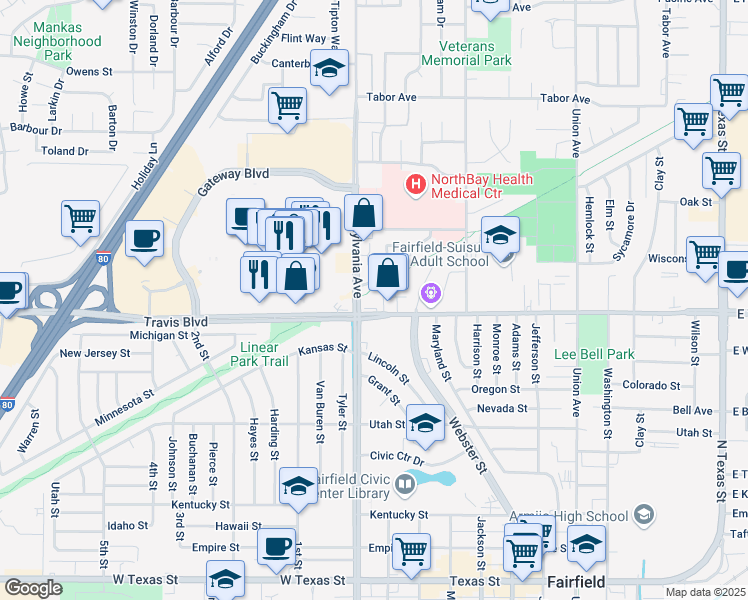 map of restaurants, bars, coffee shops, grocery stores, and more near Linear Park Pathway in Fairfield