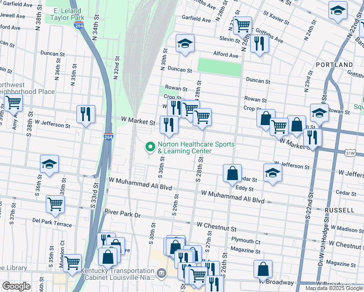 map of restaurants, bars, coffee shops, grocery stores, and more near 2840 Congress Street in Louisville