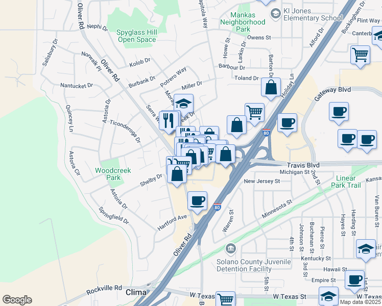 map of restaurants, bars, coffee shops, grocery stores, and more near 3070 Travis Boulevard in Fairfield