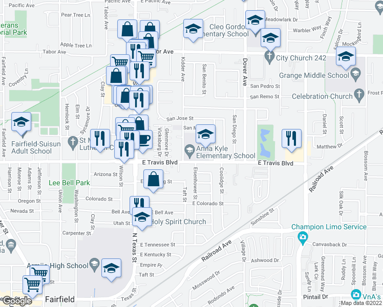 map of restaurants, bars, coffee shops, grocery stores, and more near 1600 Kidder Avenue in Fairfield