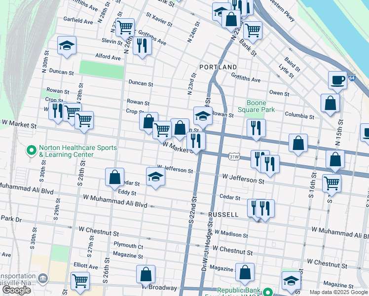 map of restaurants, bars, coffee shops, grocery stores, and more near 2235 West Market Street in Louisville