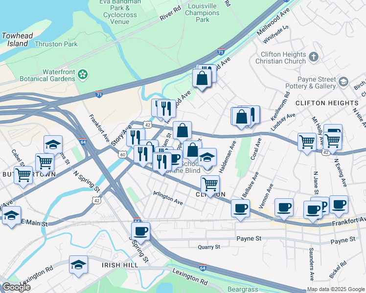 map of restaurants, bars, coffee shops, grocery stores, and more near 249 Pope Street in Louisville