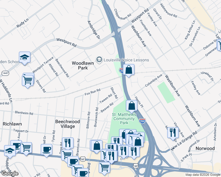 map of restaurants, bars, coffee shops, grocery stores, and more near 4620 Fox Run Road in Louisville