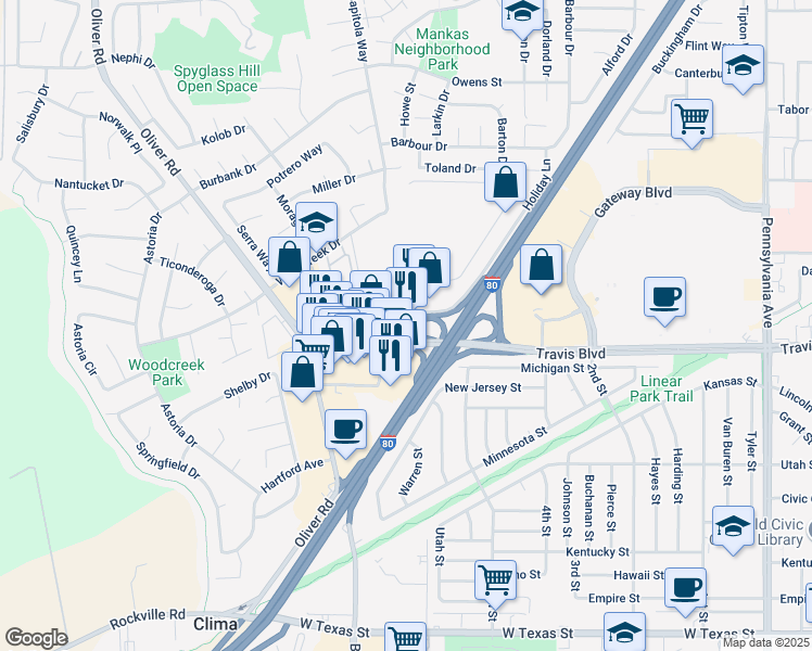 map of restaurants, bars, coffee shops, grocery stores, and more near 1470 Holiday Lane in Fairfield