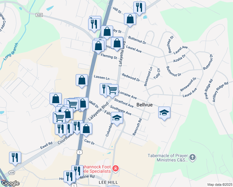 map of restaurants, bars, coffee shops, grocery stores, and more near 4403 Lafayette Boulevard in Fredericksburg