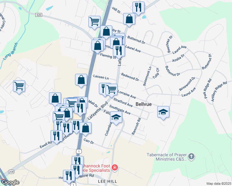 map of restaurants, bars, coffee shops, grocery stores, and more near 4403 Lafayette Boulevard in Fredericksburg