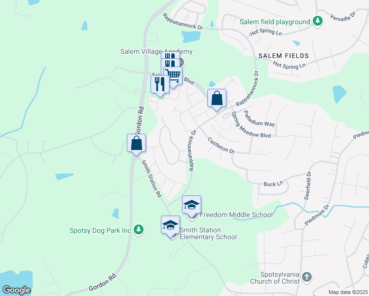 map of restaurants, bars, coffee shops, grocery stores, and more near 7001 Plush Court in Fredericksburg