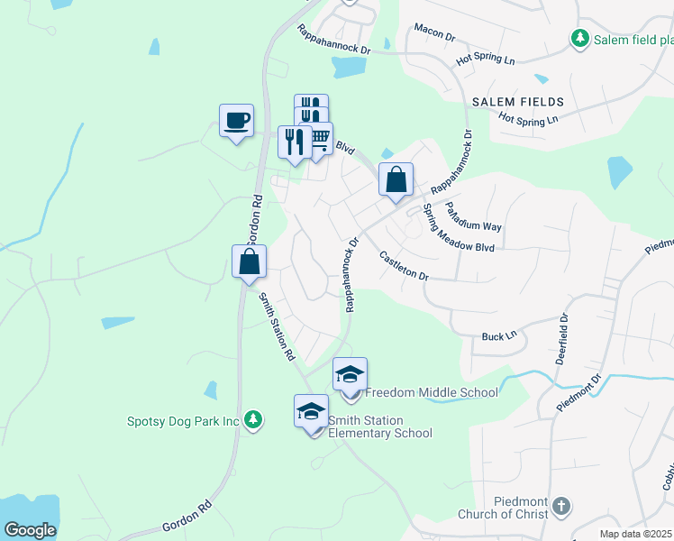 map of restaurants, bars, coffee shops, grocery stores, and more near 7001 Plush Court in Fredericksburg