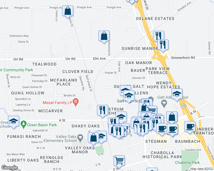 map of restaurants, bars, coffee shops, grocery stores, and more near 649 Alice Rae Circle in Galt