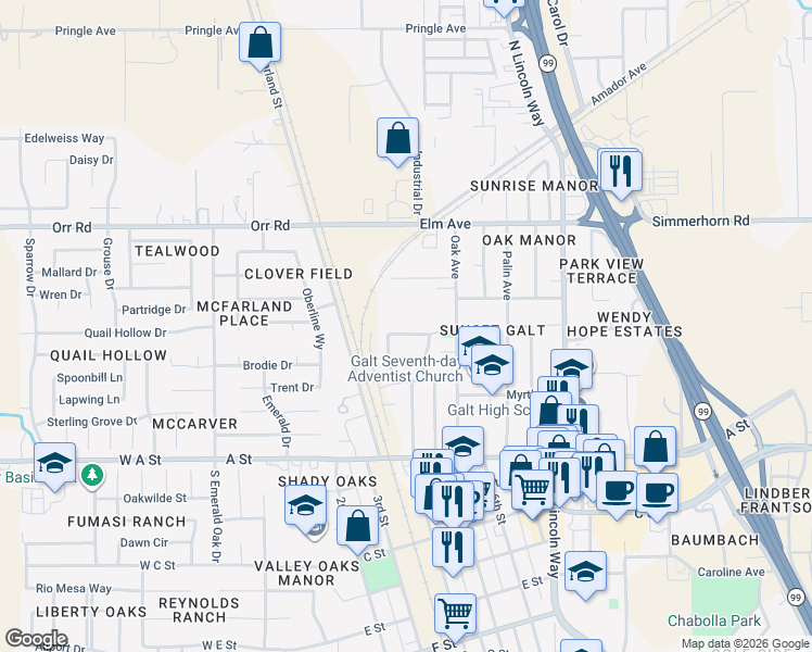 map of restaurants, bars, coffee shops, grocery stores, and more near 653 Alice Rae Circle in Galt