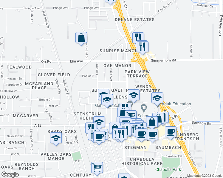 map of restaurants, bars, coffee shops, grocery stores, and more near 701 Gary Street in Galt