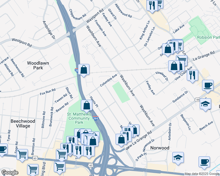 map of restaurants, bars, coffee shops, grocery stores, and more near 621 Virginia Avenue in Louisville