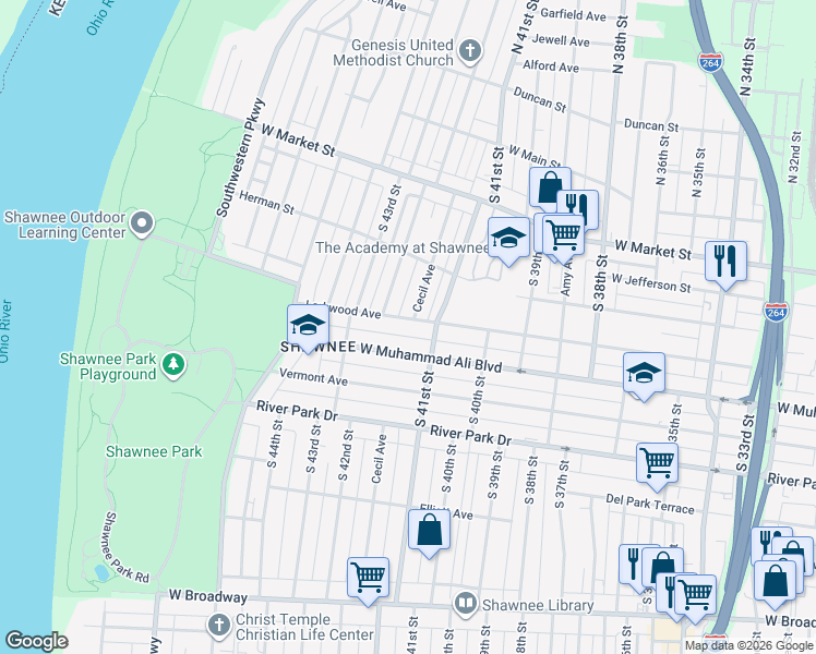 map of restaurants, bars, coffee shops, grocery stores, and more near 4122 Larkwood Avenue in Louisville