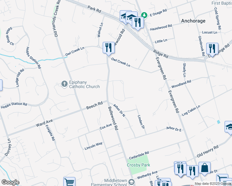 map of restaurants, bars, coffee shops, grocery stores, and more near 1024 Anchorage Woods Circle in Louisville
