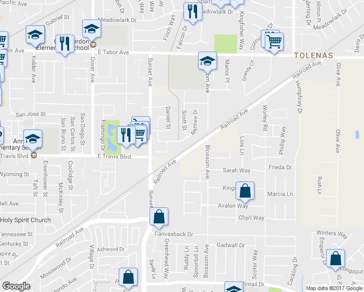 map of restaurants, bars, coffee shops, grocery stores, and more near 1499 Matthew Drive in Fairfield