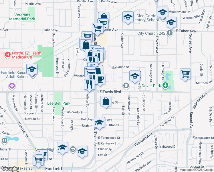 map of restaurants, bars, coffee shops, grocery stores, and more near 1619 Vicksburg Drive in Fairfield