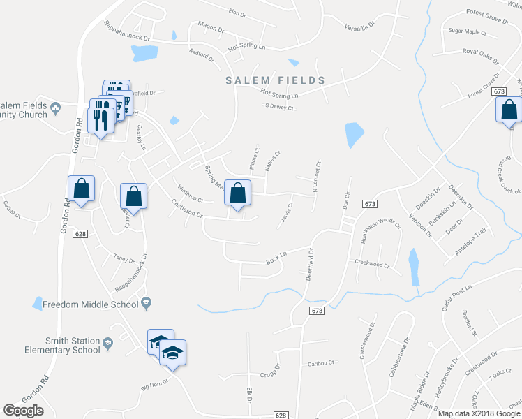 map of restaurants, bars, coffee shops, grocery stores, and more near 6701 Castleton Drive in Fredericksburg