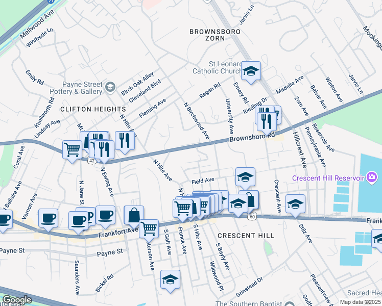 map of restaurants, bars, coffee shops, grocery stores, and more near 2730 Brownsboro Road in Louisville