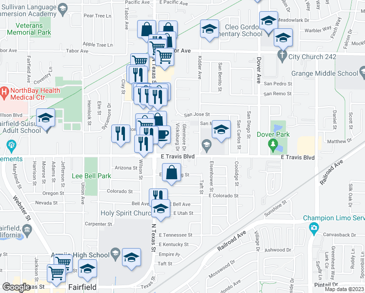 map of restaurants, bars, coffee shops, grocery stores, and more near 1621 Wallingford Lane in Fairfield