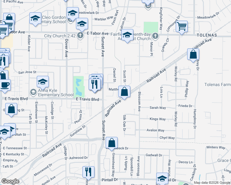 map of restaurants, bars, coffee shops, grocery stores, and more near 1499 Matthew Drive in Fairfield