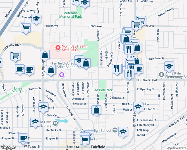 map of restaurants, bars, coffee shops, grocery stores, and more near 1614 Travion Court in Fairfield
