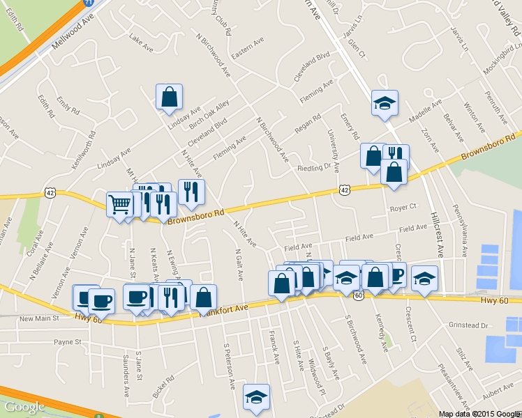 map of restaurants, bars, coffee shops, grocery stores, and more near 2726 Brownsboro Road in Louisville
