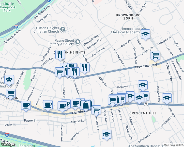 map of restaurants, bars, coffee shops, grocery stores, and more near 2701 Brownsboro Road in Louisville